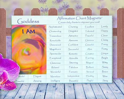 Affirmation Chant Magnets - Goddess - by Creative Mind Publications. Magnetic fridge poetry kit for building confidence and self-esteem. Goddess Affirmation comes with an I AM magnet and 56 empowering adjectives.