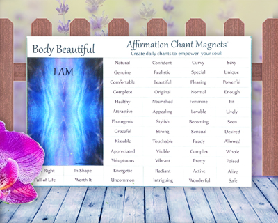 Body Beautiful Affirmation Chant Magnets by Creative Mind Publications. Magnetic fridge poetry kit for building confidence, self love, and a positive body image. Body Beautiful comes with an I AM magnet and 56 empowering adjectives.