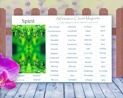 Spirit Affirmation Chant Magnets by Creative Mind Publications. Magnetic fridge poetry kit focused on grounding, centering, and aligning with light. Spirit Affirmation comes with an I AM magnet and 56 empowering adjectives. Simply break apart and stick to any magnetic surface.